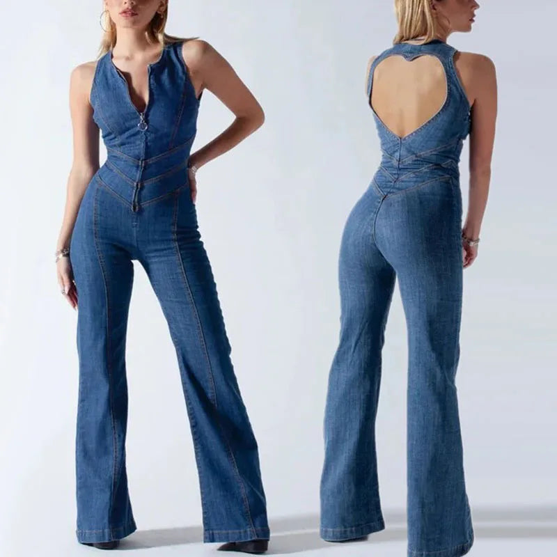 Women's Backless Heart Cutout Denim Jumpsuit